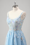 Bleu clair Une ligne spaghetti bretelles Corset Floral Applique robe de bal avec fente