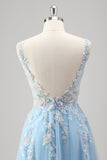 Bleu clair Une ligne spaghetti bretelles Corset Floral Applique robe de bal avec fente