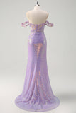 Robe de bal scintillante sirène violet clair à paillettes à épaules dénudées avec fente