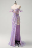 Robe de bal scintillante sirène violet clair à paillettes à épaules dénudées avec fente