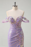 Robe de bal scintillante sirène violet clair à paillettes à épaules dénudées avec fente