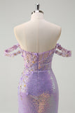 Robe de bal scintillante sirène violet clair à paillettes à épaules dénudées avec fente