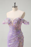 Robe de bal scintillante sirène violet clair à paillettes à épaules dénudées avec fente