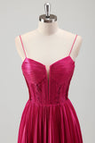 Fuchsia A Line Spaghetti Straps Corset Robe de Bal Plissée Avec Lacets Dans Le Dos