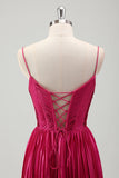 Fuchsia A Line Spaghetti Straps Corset Robe de Bal Plissée Avec Lacets Dans Le Dos