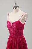 Fuchsia A Line Spaghetti Straps Corset Robe de Bal Plissée Avec Lacets Dans Le Dos