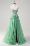 scintillant vert clair une ligne spaghetti bretelles corset tulle robe de bal avec fente