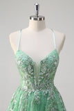 scintillant vert clair une ligne spaghetti bretelles corset tulle robe de bal avec fente