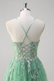 scintillant vert clair une ligne spaghetti bretelles corset tulle robe de bal avec fente