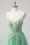 scintillant vert clair une ligne spaghetti bretelles corset tulle robe de bal avec fente