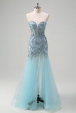 Robe de bal longue perlée corset sirène bleu clair scintillante avec fente