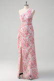 Robe de bal longue à une épaule florale rose avec fente