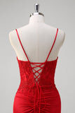 Spaghetti bretelles rouges Sirène Satin Long Corset Robe de bal avec appliques