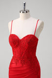 Spaghetti bretelles rouges Sirène Satin Long Corset Robe de bal avec appliques