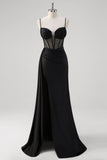 Noir Spaghetti Bretelles Satin Sirène Robe de Bal Corset Long Avec Fente