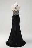 Robe longue de bal perlée à col licou sirène noire scintillante avec fente