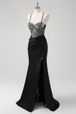 Robe longue de bal perlée à col licou sirène noire scintillante avec fente