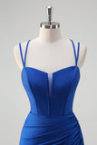 Bleu royal sirène spaghetti bretelles corset robe longue de bal avec fente