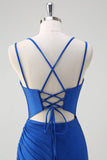 Bleu royal sirène spaghetti bretelles corset robe longue de bal avec fente