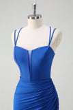 Bleu royal sirène spaghetti bretelles corset robe longue de bal avec fente