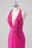 Robe de soirée longue perlée dos nu sirène fuchsia avec fente