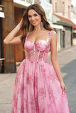 Fard à joues floral une ligne spaghetti bretelles plissé corset robe de bal