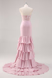Robe de soirée sirène longue bustier sans bretelles blush rose à étages avec fente