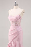 Robe de soirée sirène longue bustier sans bretelles blush rose à étages avec fente