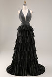 Robe de bal longue à dos ouvert à dos nu, à niveaux noirs à niveaux, file.