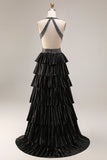 Robe de bal longue à dos ouvert à dos nu, à niveaux noirs à niveaux, file.