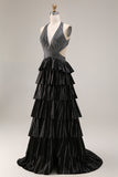 Robe de bal longue à dos ouvert à dos nu, à niveaux noirs à niveaux, file.
