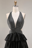 Robe de bal longue à dos ouvert à dos nu, à niveaux noirs à niveaux, file.