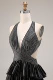 Robe de bal longue à dos ouvert à dos nu, à niveaux noirs à niveaux, file.