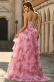 Robe de bal de bal longue à étages à étages blanche bleue, fleur bleue, ligne A, taille sans bretelles