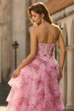 Robe de bal de bal longue à étages à étages blanche bleue, fleur bleue, ligne A, taille sans bretelles