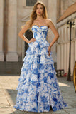 Robe de bal de bal longue à étages à étages blanche bleue, fleur bleue, ligne A, taille sans bretelles