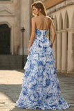 Robe de bal de bal longue à étages à étages blanche bleue, fleur bleue, ligne A, taille sans bretelles