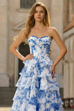 Robe de bal de bal longue à étages à étages blanche bleue, fleur bleue, ligne A, taille sans bretelles