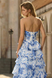 Robe de bal de bal longue à étages à étages blanche bleue, fleur bleue, ligne A, taille sans bretelles