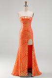 Robe de bal longue de bal sans bretelles avec sirène orange scintillante et paillettes