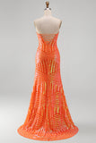 Robe de bal longue de bal sans bretelles avec sirène orange scintillante et paillettes
