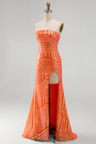 Robe de bal longue de bal sans bretelles avec sirène orange scintillante et paillettes