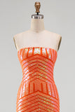 Robe de bal longue de bal sans bretelles avec sirène orange scintillante et paillettes