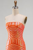 Robe de bal longue de bal sans bretelles avec sirène orange scintillante et paillettes