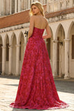 Robe de bal longue en brocart fleuri fûres fuchsia sans bustier