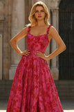 Robe de bal longue en brocart en brocart fleuri fuchsia A