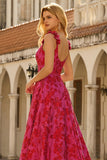 Robe de bal longue en brocart en brocart fleuri fuchsia A
