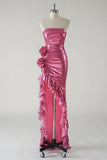 Robe De Soirée bustier métallisée fuchsia scintillante avec fente