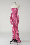 Robe De Soirée bustier métallisée fuchsia scintillante avec fente