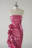 Robe De Soirée bustier métallisée fuchsia scintillante avec fente